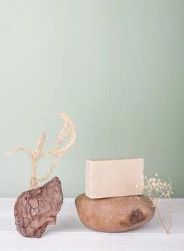 Oat milk organic solid soap bar on stone podium. eco skin care routine. skin  스톡 사진