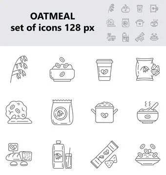Oatmeal icons set vector in big and small size. Oat, flour bag. Cookies, package 스톡 일러스트