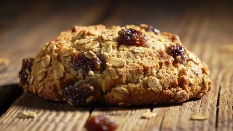 Oatmeal Raisin Cookie Close-up on Rustic Wooden Surface Stock Footage 313324235