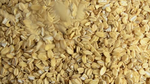 Oatmeal rotates, top view. Slow rotation. Raw rolled oats. Stock Footage 287917567