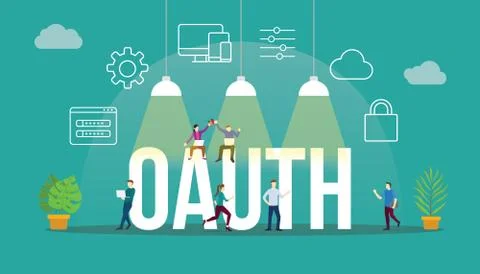 Oauth open authorization concept with people and big text word and related icon Illustrazione stock