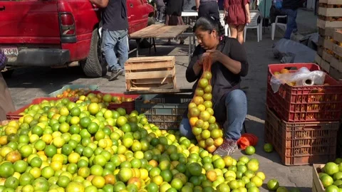 Oaxaca, Mexico - 2019-11-20 - Woman at market bags juice oranges for sale Stock Footage 132302203