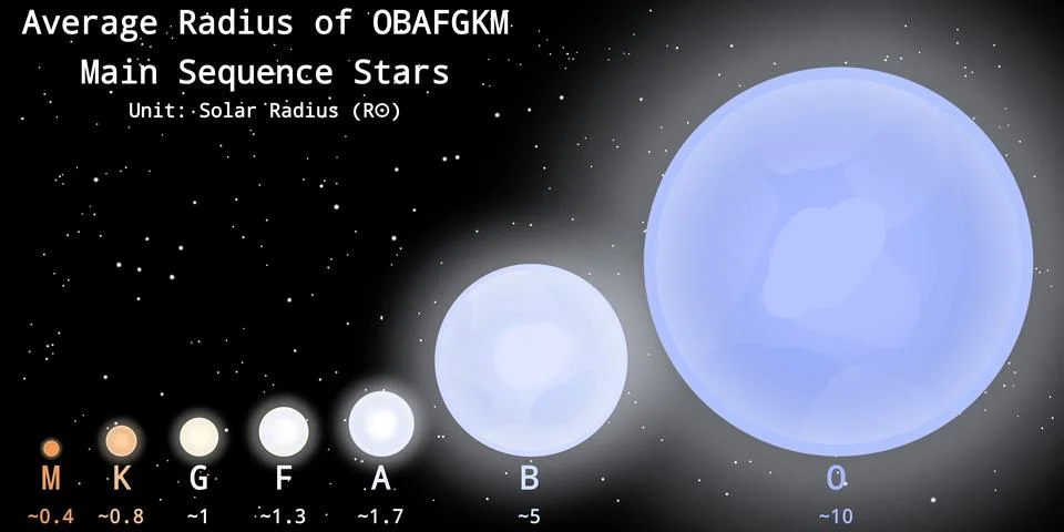 OBAFGKM Type Main Sequence Stars Average Size Infographic 스톡 일러스트