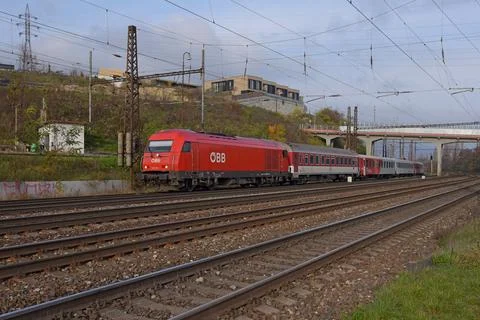 OBB Austrian railways cross border train arriving in Bratislava Stock Photos