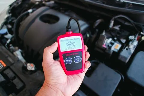 OBD2 or OBD scanner in a auto mechanic hand for engine system analysis Stock Photos