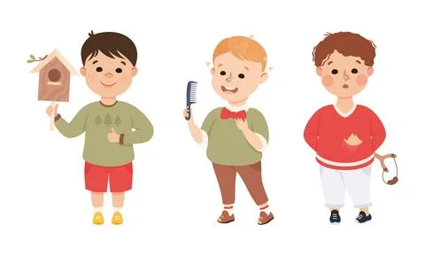 Obedient and Naughty Boy with Nesting Box and Forked Stick Vector Set Illustrazione stock