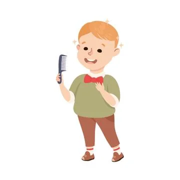 Obedient Boy with Good Breeding Combing His Hair and Grooming Vector Stock Illustration