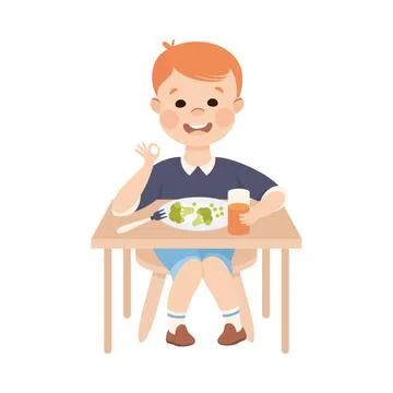 Obedient Boy with Good Breeding at Kitchen Table Eating Healthy Breakfast Vector Stock Illustration