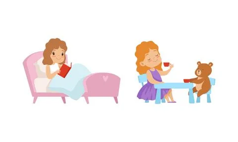 Obedient Girl with Good Breeding Playing with Teddy Bear and Reading Book in Bed Stock Illustration