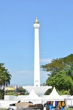 Obelisk centered above event setup Madiun Indonesia June 15 2025 editorial .. Stock Photos