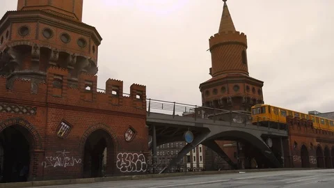 Oberbaum bridge across the Spree river in Berlin Stock Footage 79537461