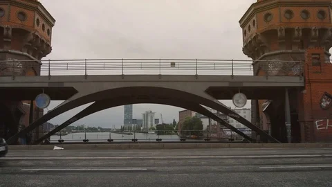 Oberbaum bridge across the Spree river in Berlin Stock Footage 79537528