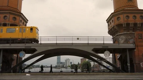 Oberbaum bridge across the Spree river in Berlin Stock Footage 79537531