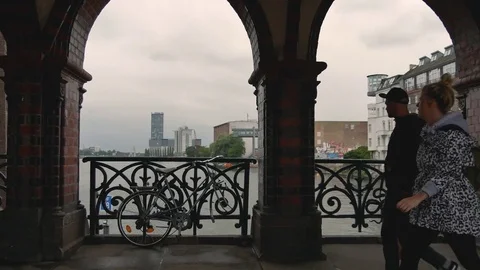 Oberbaum bridge across the Spree river in Berlin Stock Footage 79537591