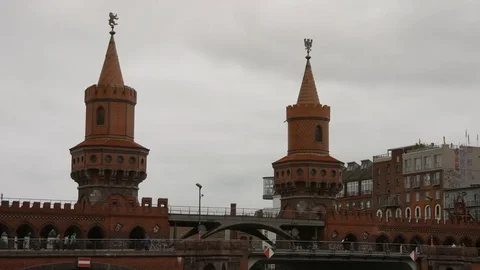 Oberbaum bridge across the Spree river in Berlin Stock Footage 79538254