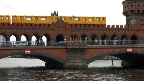 Oberbaum bridge across the Spree river in Berlin Stock Footage 79538317