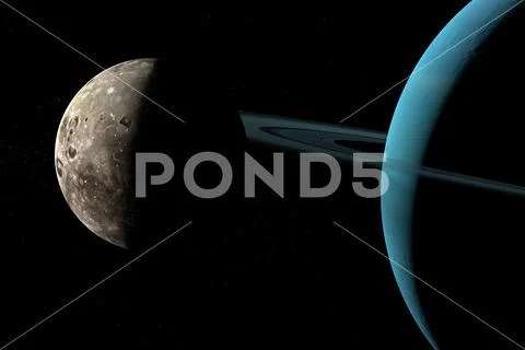 Oberon moon orbiting around Uranus planet in the outer space. 3d render Stock Illustration