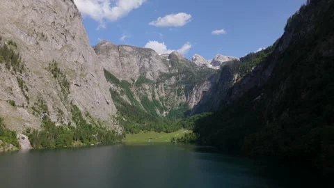 Obersee Lake and Steep Cliffs Wide Aerial Berchtesgaden Germany Stockbeeldmateriaal 336405582