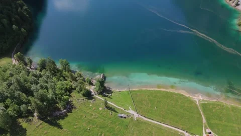 Obersee Turquoise Shore Top Down Tracking Aerial Berchtesgaden Germany Video stock 336394694