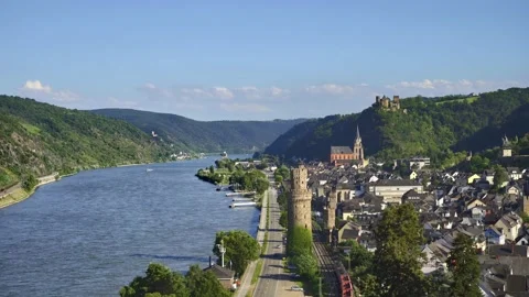 Oberwesel, Germany - Elevated View of the Town and the Rhine River Stock Footage 158865315