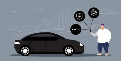 Obese man using online mobile app rent car sharing concept transportation Stock Illustration