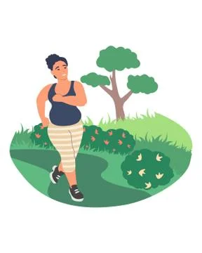 Obesity and weight problems. Fat woman jogging in the park, flat vector Stock Illustration