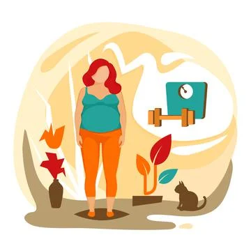 Obesity and weight problems. Fat woman and fitnes icon, flat vector illustration Stock Illustration