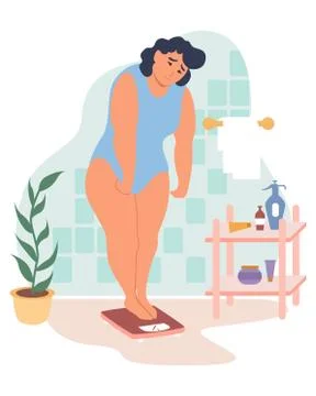 Obesity and weight problems. Sad overweight woman standing on weight scale, flat 스톡 일러스트