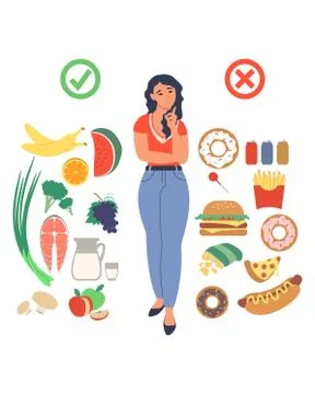 Obesity and weight problems. Young woman choosing between healthy and unhealthy Stock Illustration