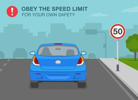 Obey the speed limit warning poster design. Character driving a blue sedan car. Stock Illustration