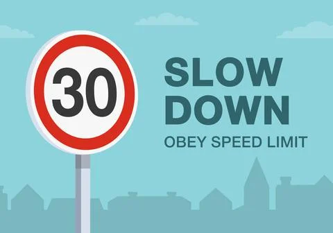 Obey the speed limit warning road sign. Close up view. Residential area. Stock Illustration