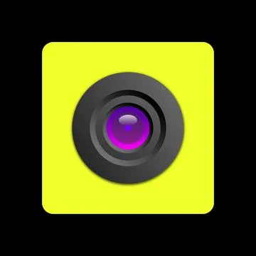 An object in the form of a camera with a lens in a yellow case is depicted. Stock Illustration