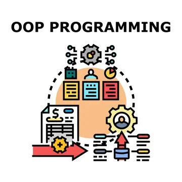 Object oriented programming developing system creating code process Stock Illustration