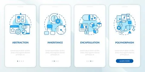 Object oriented programming pillars blue onboarding mobile app screen Stock Illustration