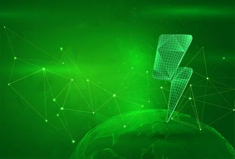 Object over a polygonal planet, on a green background. global data calculatio Illustrazione stock