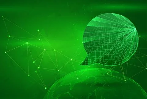 Object over a polygonal planet, on a green background. global data calculatio Illustrazione stock