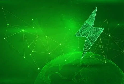 Object over a polygonal planet, on a green background. global data calculatio Illustrazione stock
