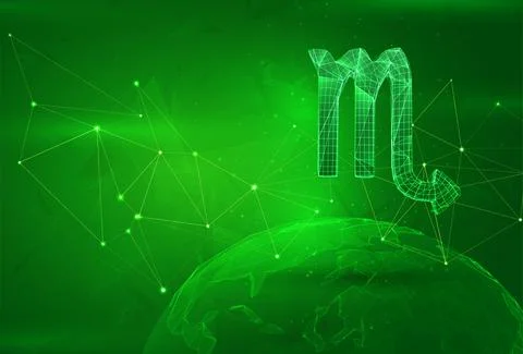 Object over a polygonal planet, on a green background. global data calculatio Illustrazione stock