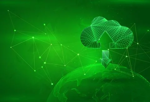 Object over a polygonal planet, on a green background. global data calculatio Illustrazione stock