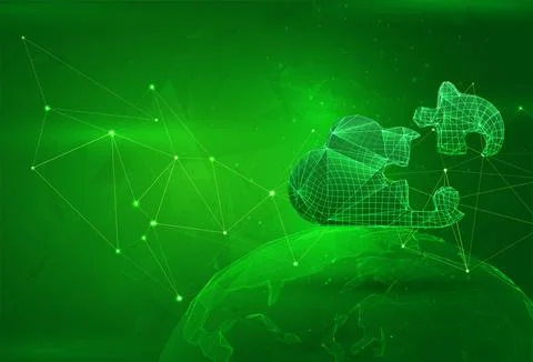 Object over a polygonal planet, on a green background. global data calculatio Illustrazione stock