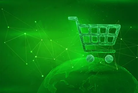 Object over a polygonal planet, on a green background. global data calculatio Illustrazione stock