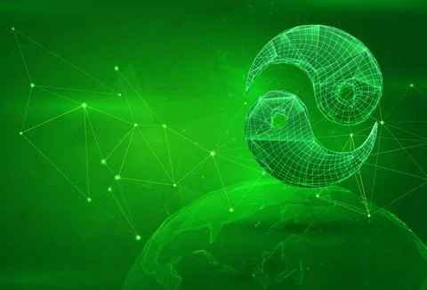 Object over a polygonal planet, on a green background. global data calculatio イラスト素材