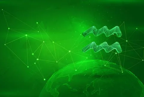 Object over a polygonal planet, on a green background. global data calculatio Illustrazione stock