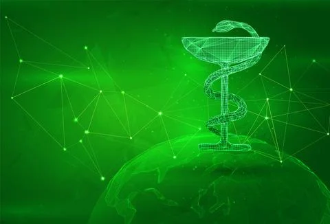 Object over a polygonal planet, on a green background. global data calculatio Illustrazione stock