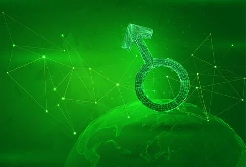Object over a polygonal planet, on a green background. global data calculatio Illustrazione stock