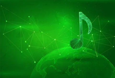 Object over a polygonal planet, on a green background. global data calculatio Stock Illustration