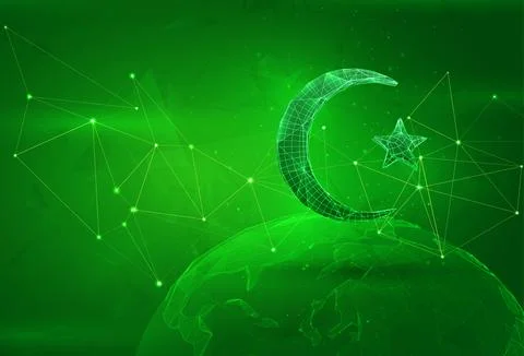 Object over a polygonal planet, on a green background. global data calculatio Illustrazione stock