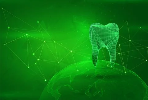 Object over a polygonal planet, on a green background. global data calculatio Illustrazione stock