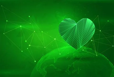 Object over a polygonal planet, on a green background. global data calculatio イラスト素材