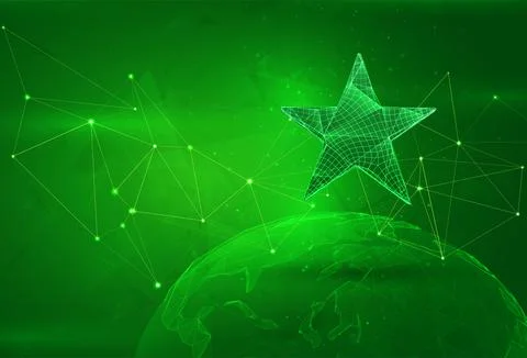 Object over a polygonal planet, on a green background. global data calculatio イラスト素材